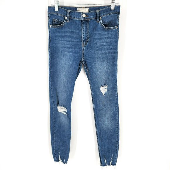 Free People Skinny Jean 28 Medium Wash Distressed Sharkbite Cotton Denim Stretch - Picture 1 of 11